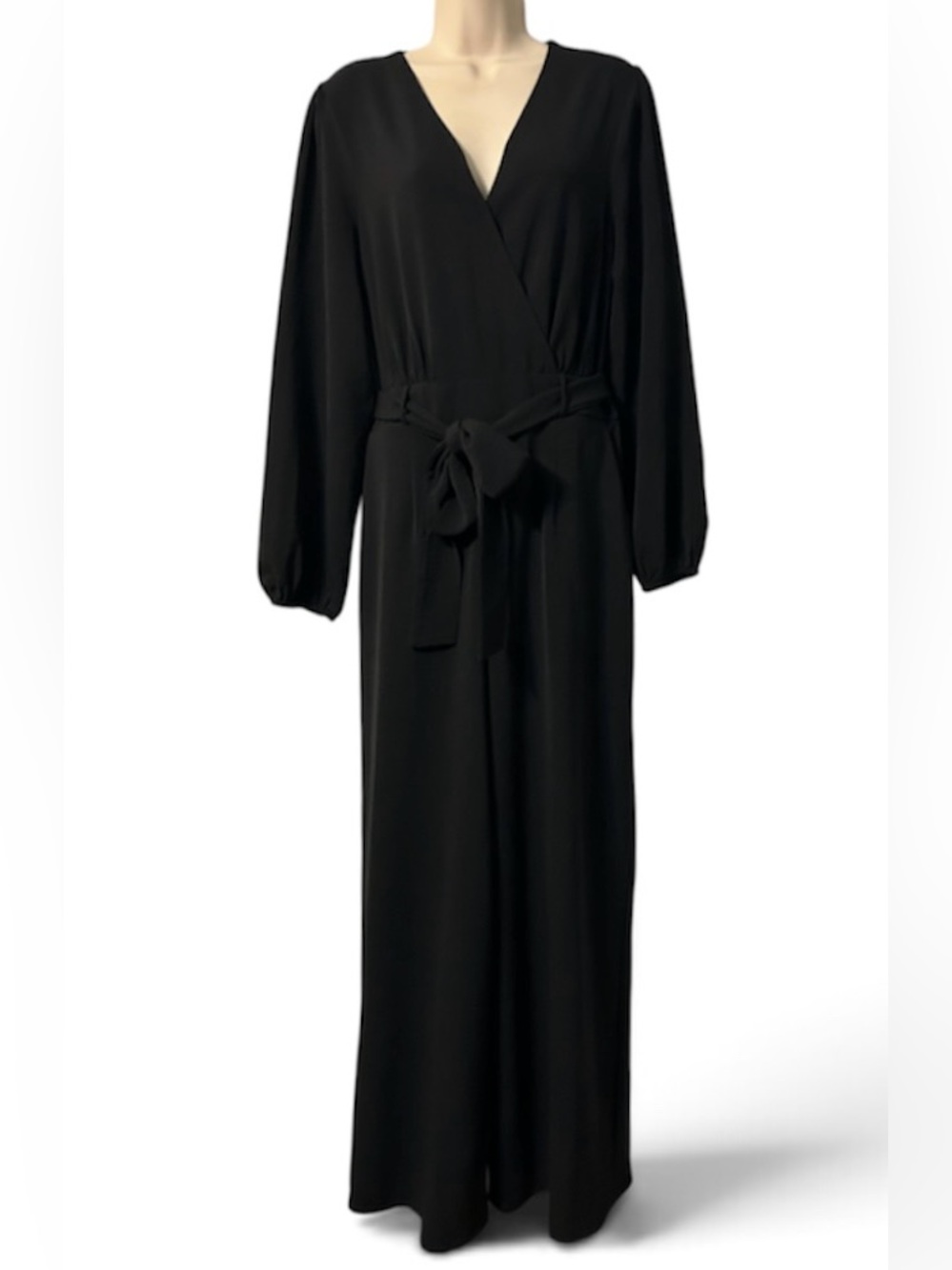 Cato Black Long Sleeve Jumpsuit Romper with Self-Tie Belt Pockets Medium V Neck